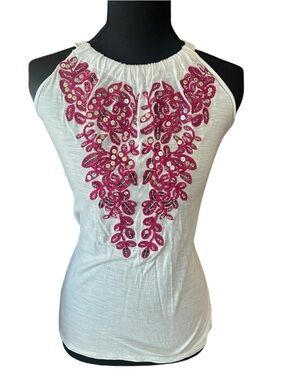 INC International Concepts White Sequin Embroidered Tank Top XS Boho Floral